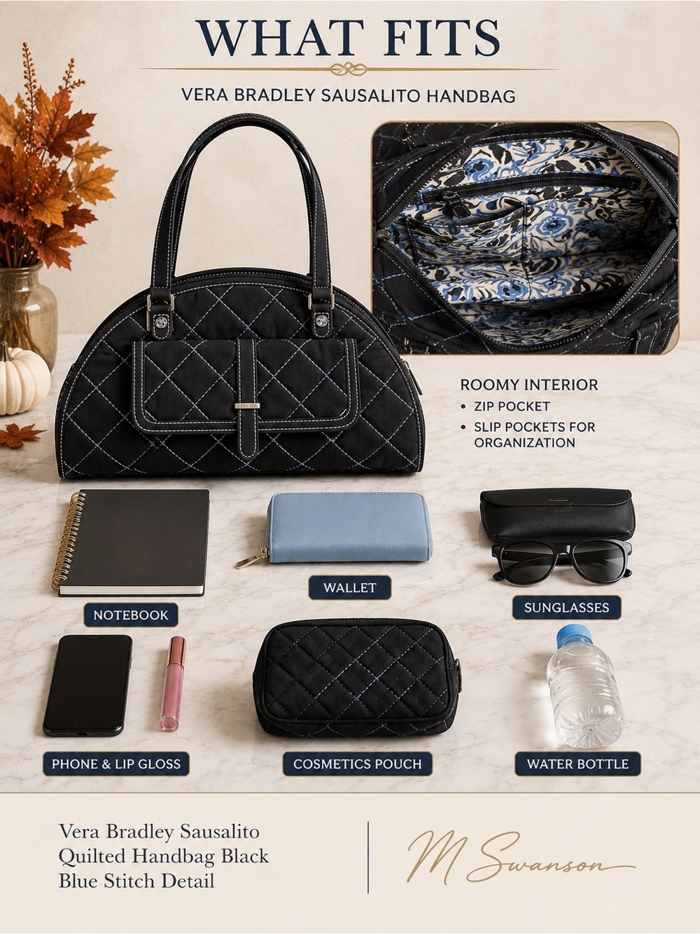 Vera Bradley Sausalito Quilted Handbag in Black Microfiber & Blue Stitch Detail - Picture 6 of 12